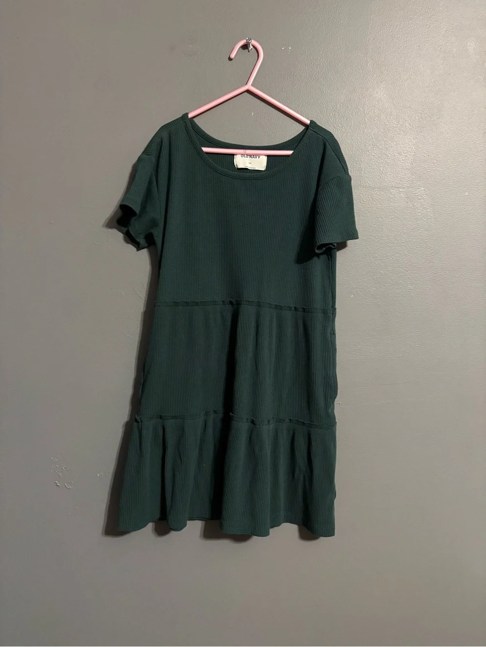 Old Navy dark Green Ribbed Knit Tiered Fairycore festive T-Shirt Dress girls M(8